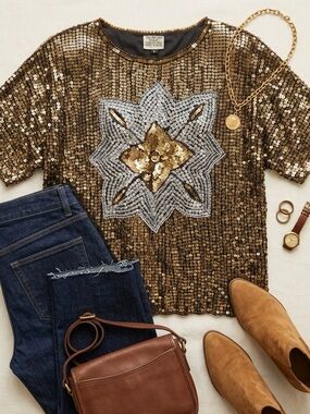 VTG 90s Hand-Sequined Silk Starburst Blouse - Large  Gold Silver Metallic India